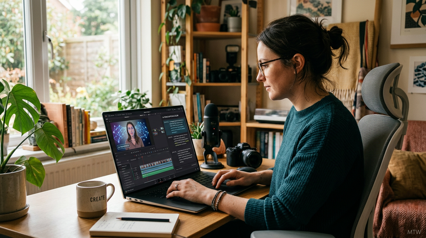 Editorial image of an AI-enabled laptop productivity workflow