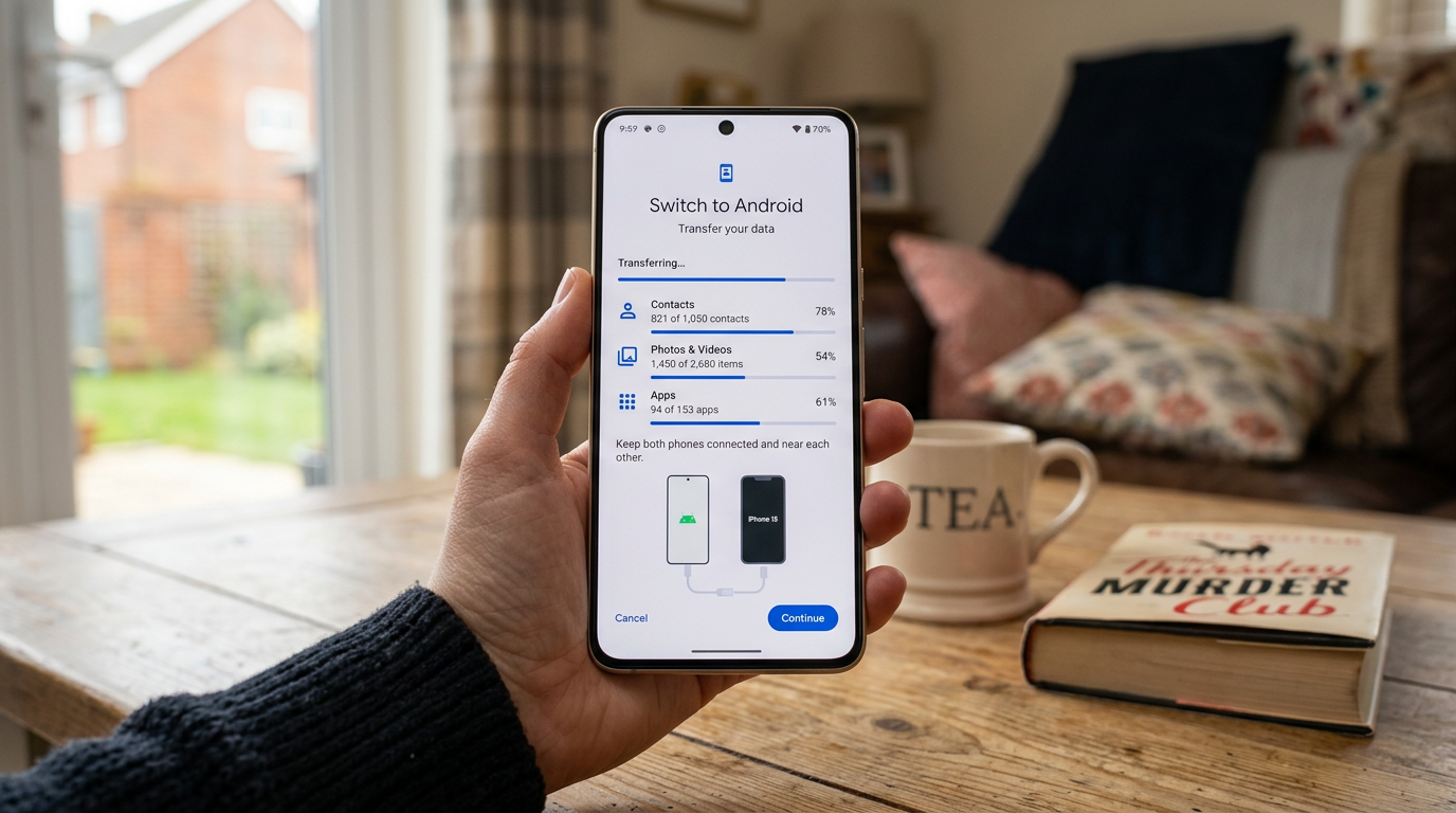 Hand holding a Pixel phone showing the Switch to Android app transferring contacts, photos and apps from an iPhone in a UK home