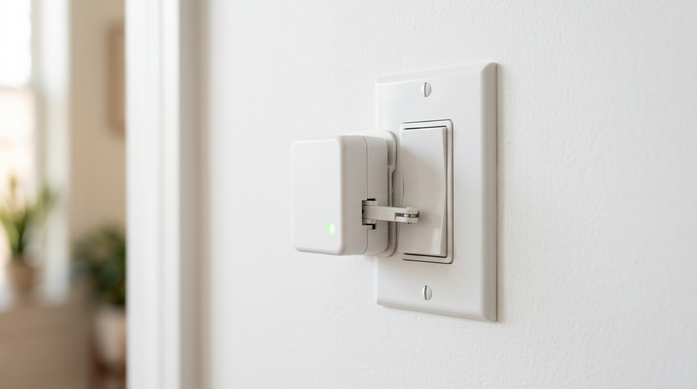 SwitchBot Bot Rechargeable smart-home robot pressing a wall switch editorial product photo