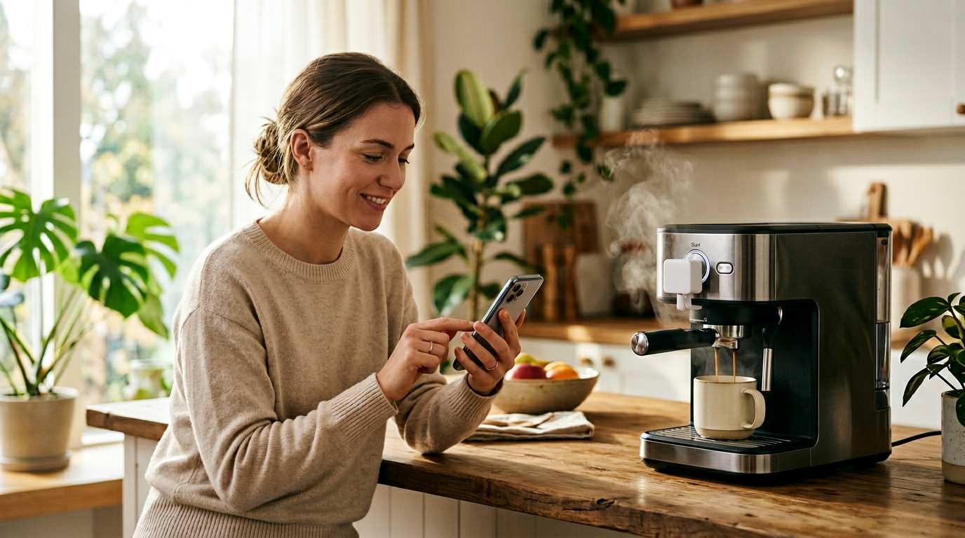 SwitchBot Bot Rechargeable triggering a coffee machine via app editorial lifestyle photo