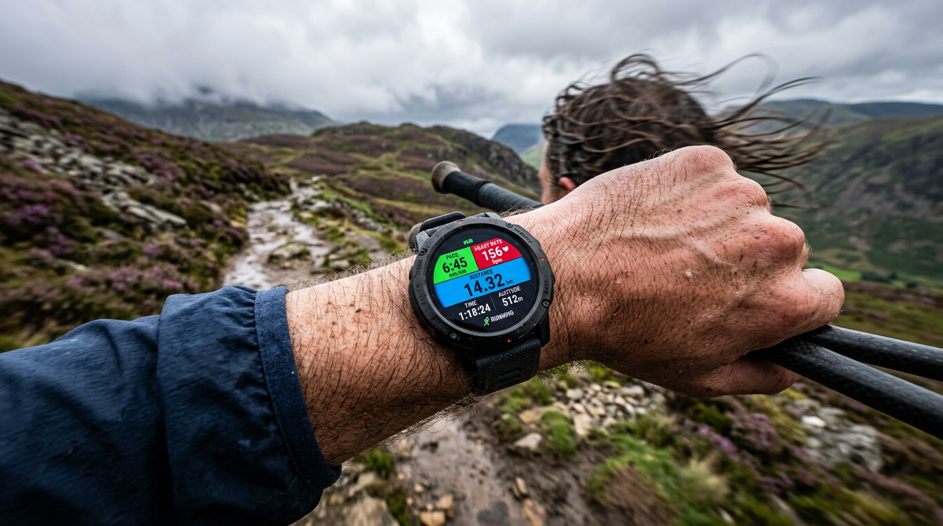 Runner's wrist on a UK fell wearing a colour AMOLED multisport watch