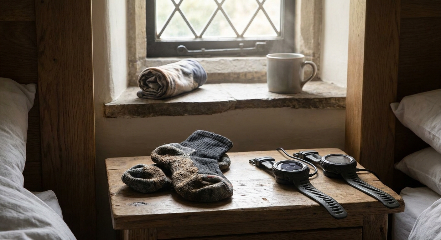 Three premium GPS trail watches charging on a wooden bedside table after a UK fell run, with folded muddy running socks beside them