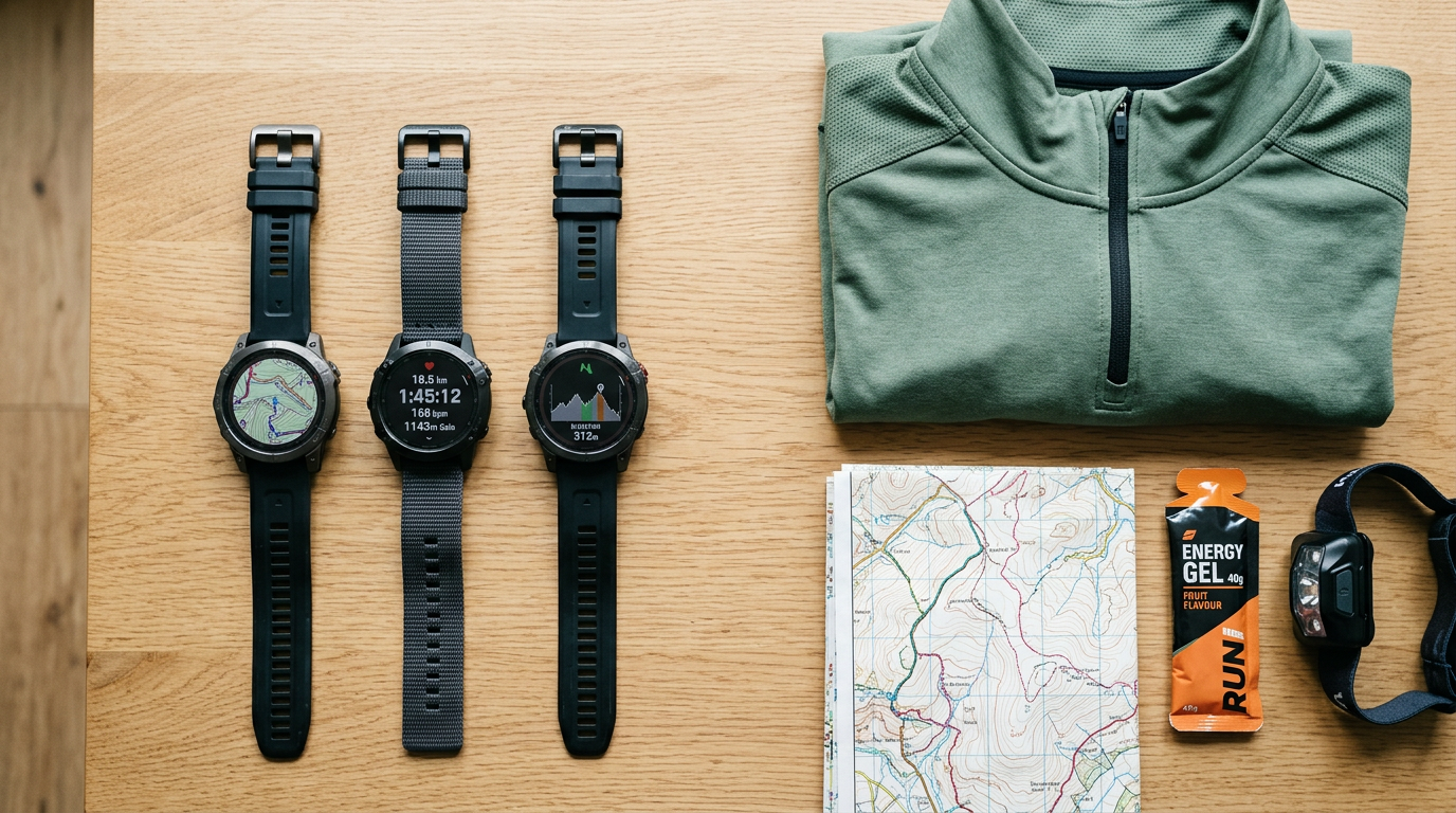 Three trail GPS watches with running kit on a wooden table flatlay