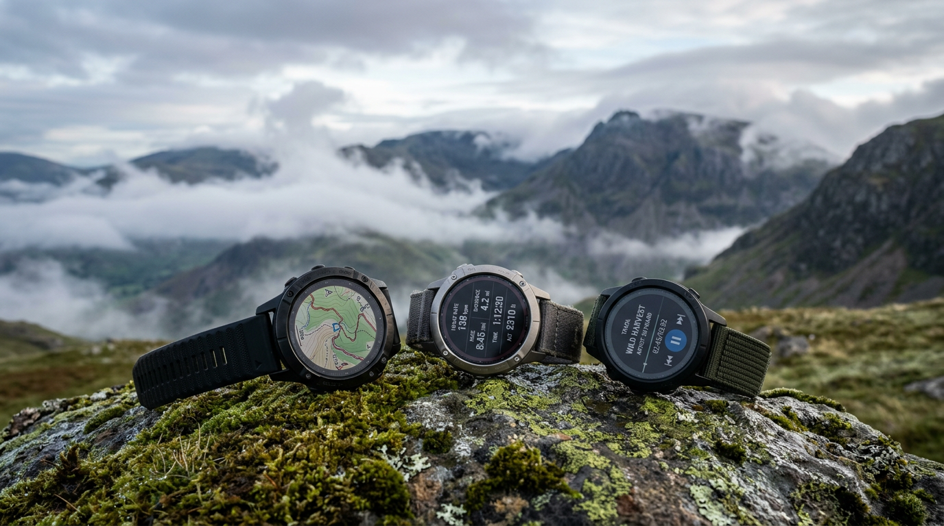 Three GPS trail watches on a moss-covered rock with UK mountains behind