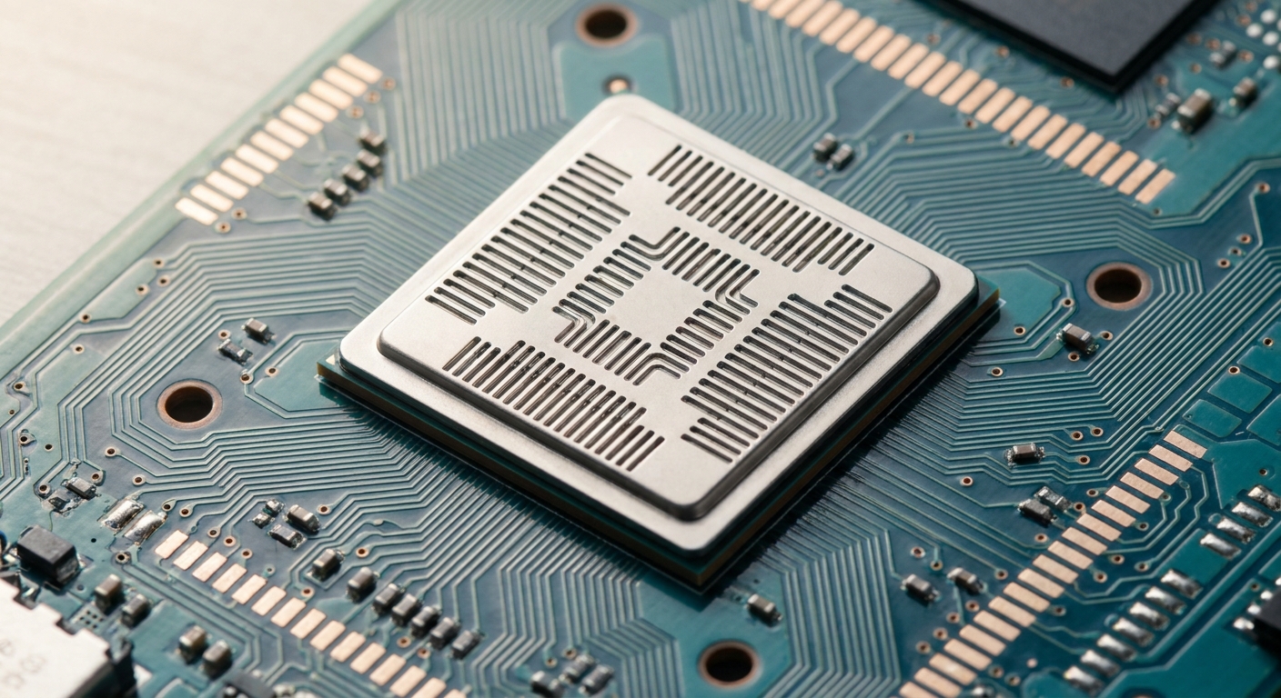 Concept render of an AWS Trainium AI accelerator chip on a circuit board