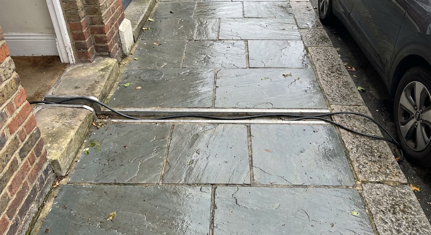 Cross-pavement EV charging gully embedded in a UK pavement with a charging cable inside