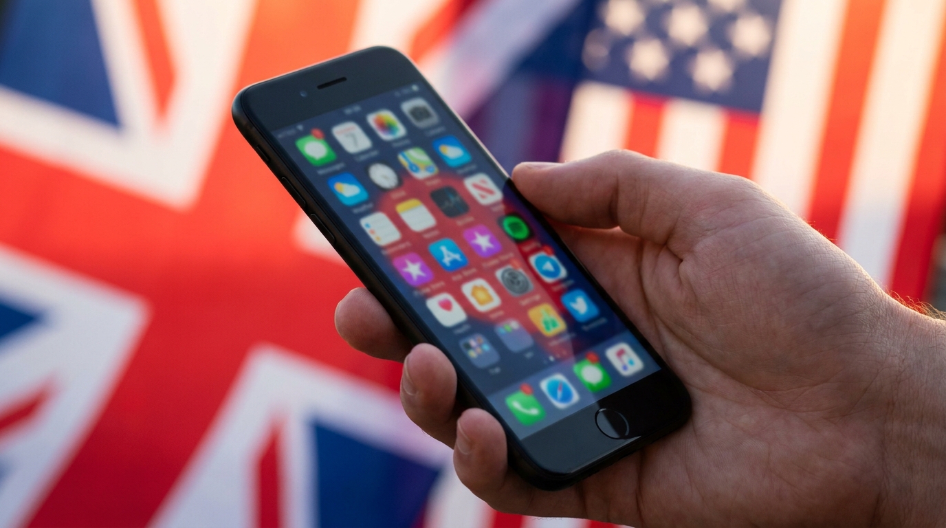 A hand holding a smartphone in front of a UK flag, illustrating UK mobile tariffs and Ofcom price-rise rules