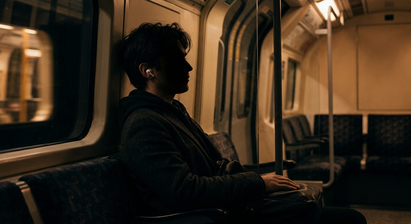 Person wearing wireless earbuds on a London commute with active noise cancelling on