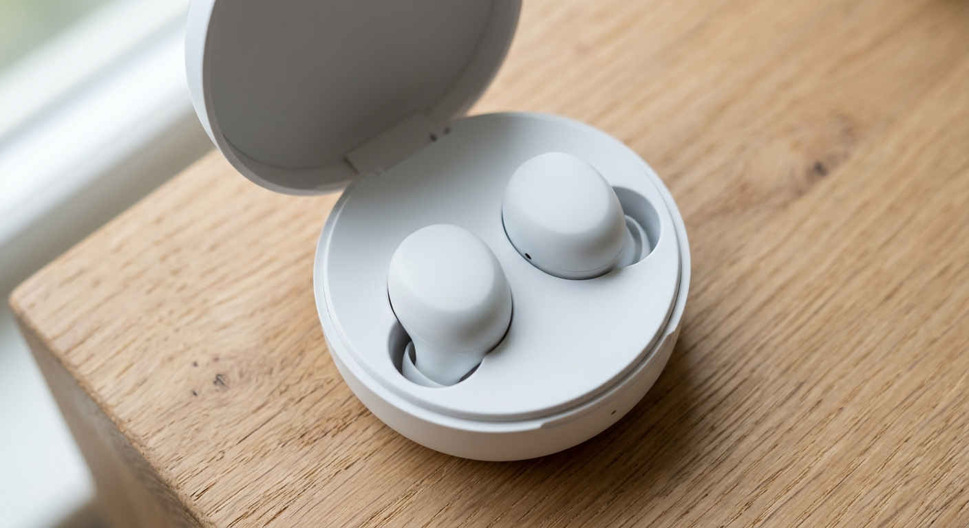 Macro close-up of an open earbud charging case with two earbuds inside