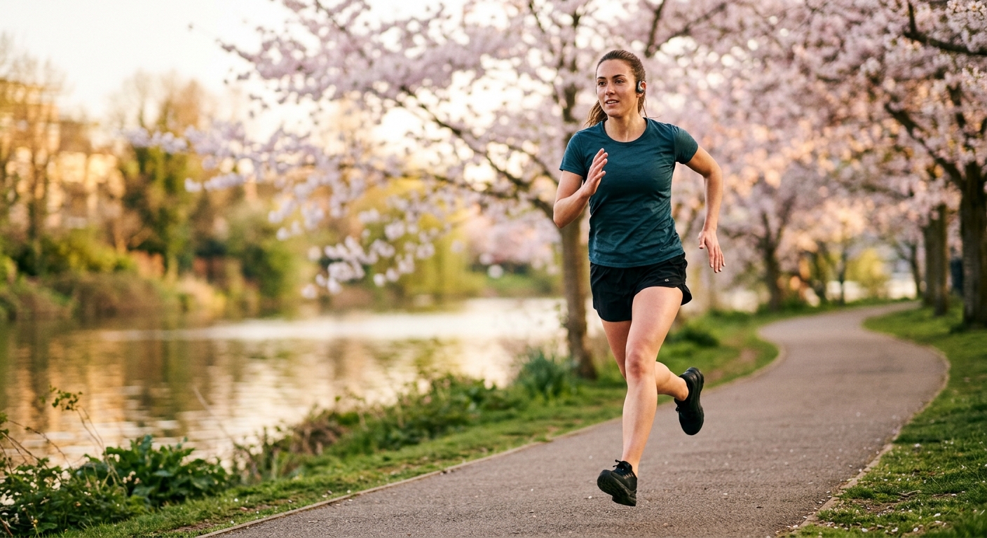 Runner with sport-fit wireless earbuds along a UK riverside path