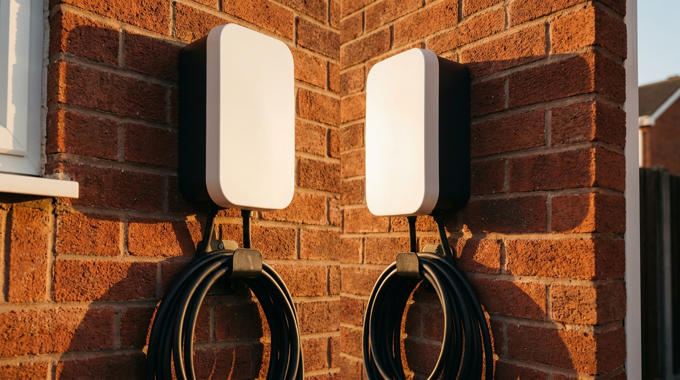 Two white wall-mounted home EV chargers fitted to a red-brick UK suburban house wall with cables coiled below
