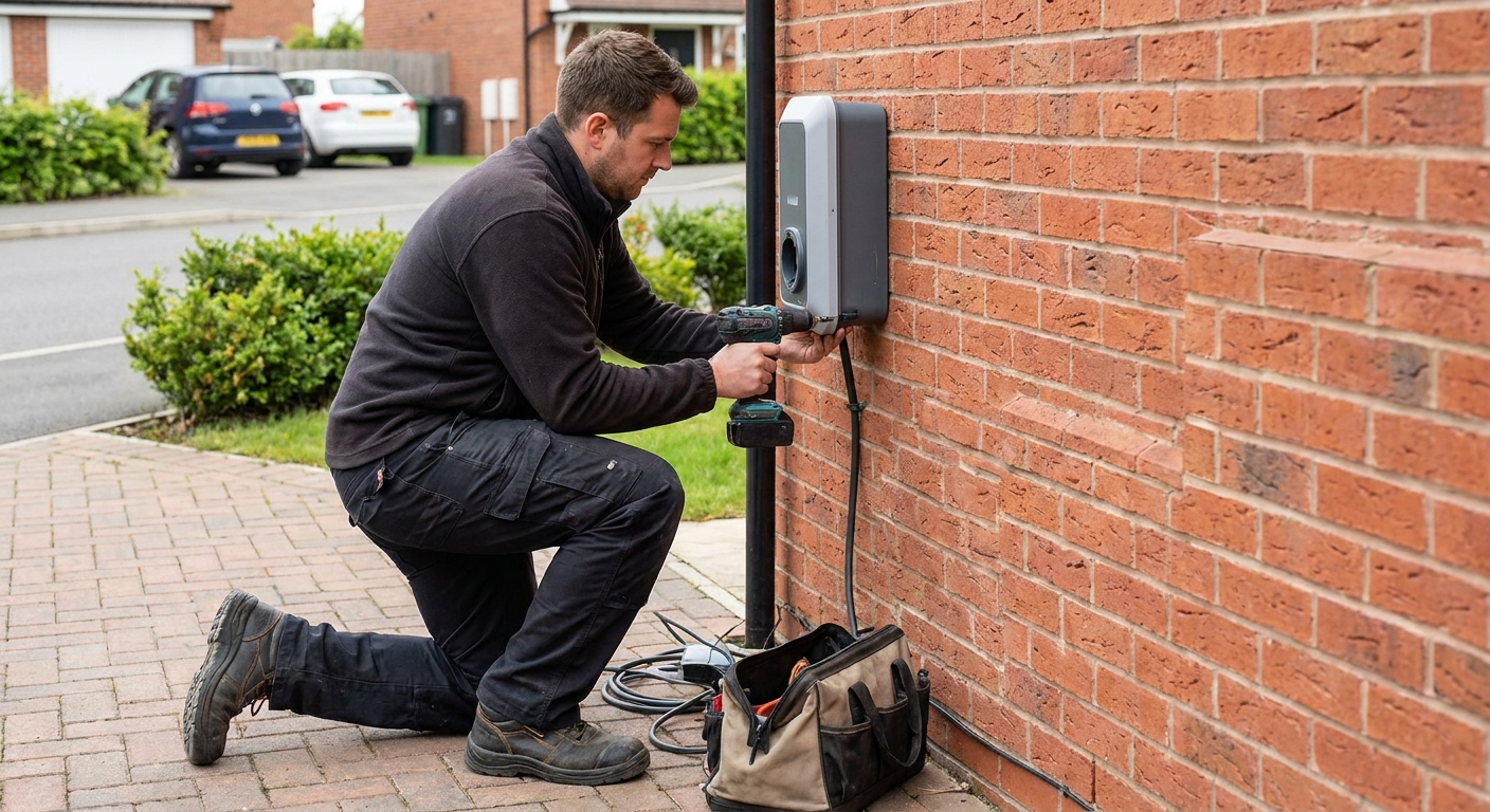 MCS-approved electrician installing a 7kW home EV charger on a UK garage wall