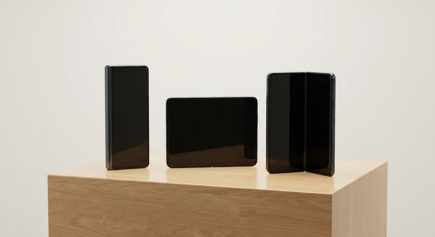 Three folding smartphones standing on clean light wood pedestal showing form-factor evolution