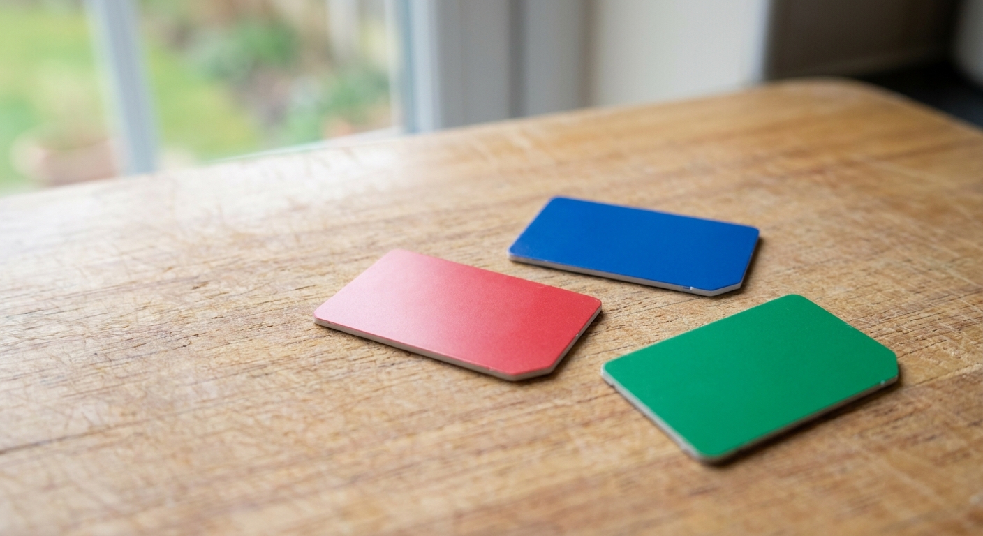 Three coloured SIM cards on a table, illustrating the overlapping consumer brands Vodafone, Three, VOXI, SMARTY and Talkmobile