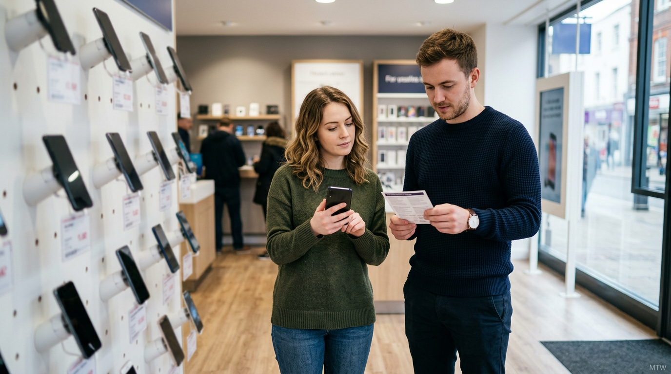 British couple comparing mobile contracts in a shop