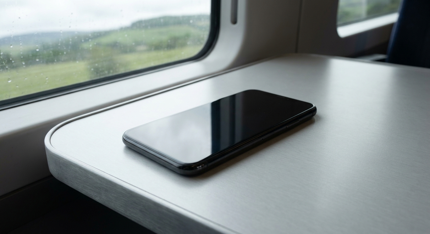 Smartphone screen off on a UK train table by the window