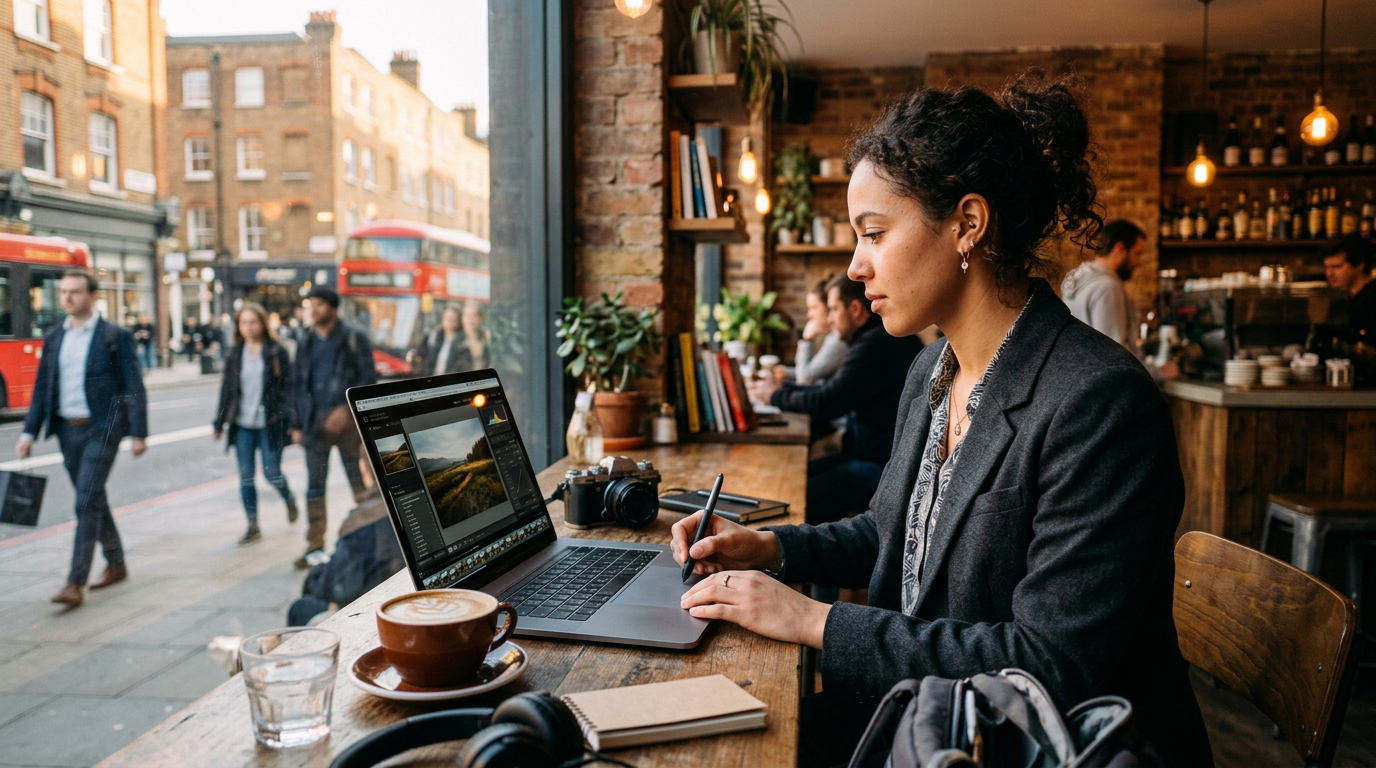Creative professional working on a premium 14 inch ultrabook in a sunlit London cafe with a flat white