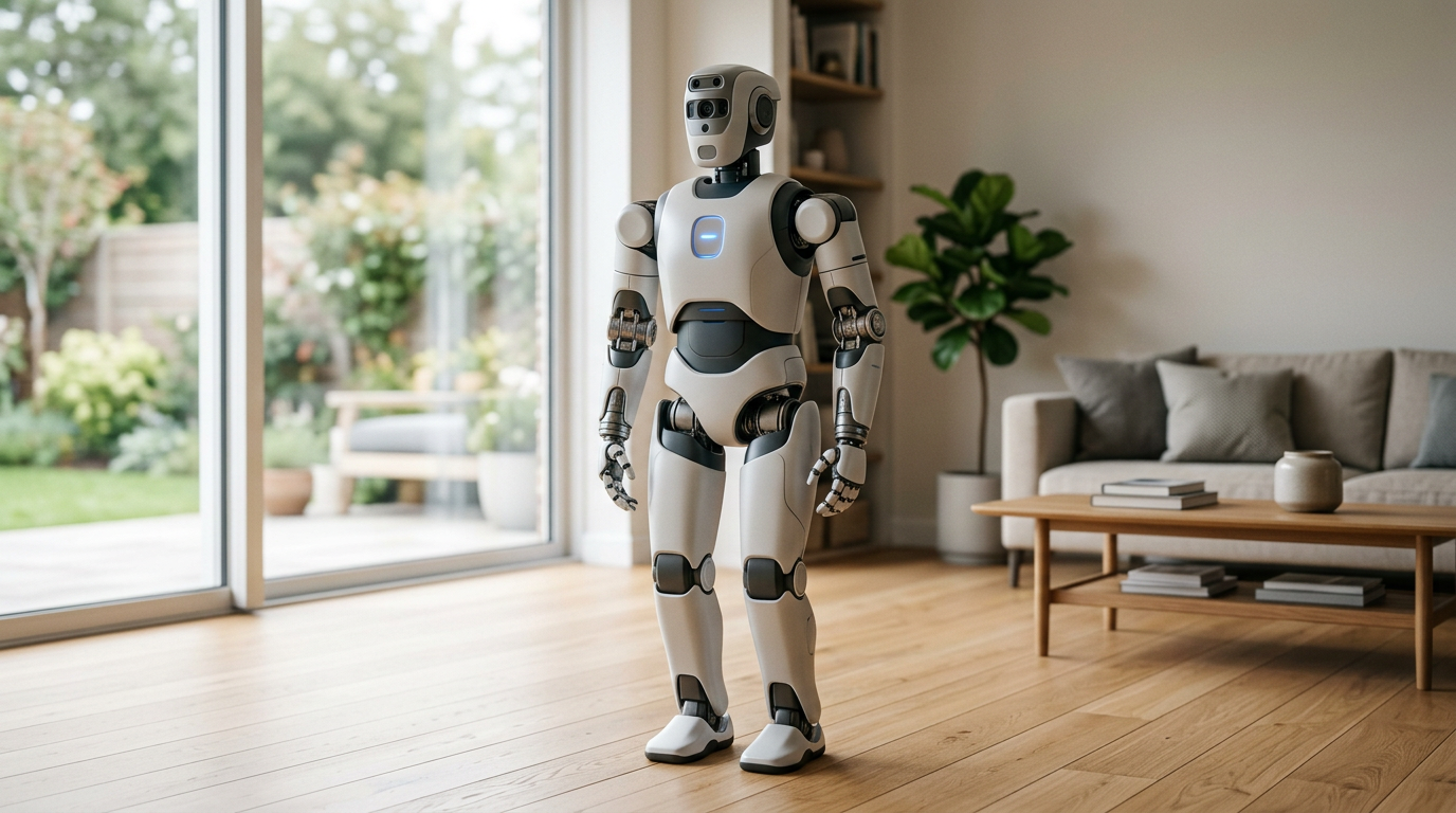 Editorial photoreal image of a humanoid home robot in a bright living room