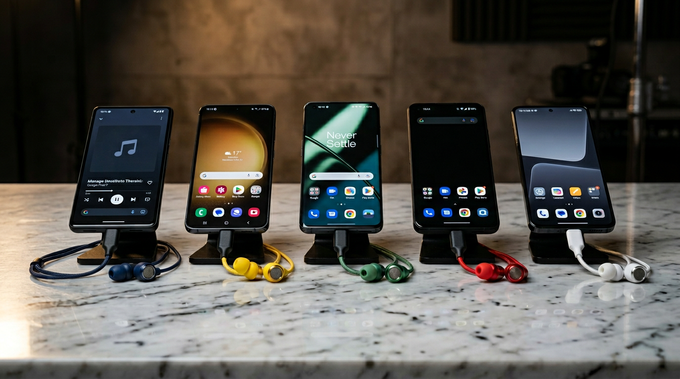Lineup of five premium USB-C and wireless earbuds with their cases on a marble surface in studio lighting