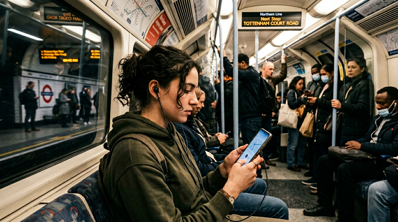 Young commuter wearing USB-C wired earbuds connected to a phone on the London Underground at rush hour