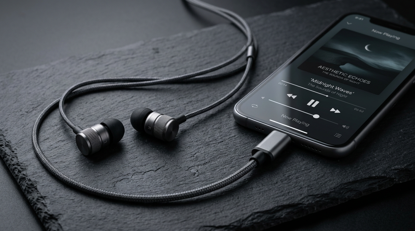 Premium USB-C wired earbuds plugged into a smartphone on a clean white surface
