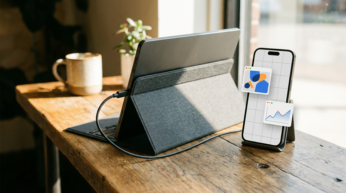 Slim portable USB-C monitor on a desk extending a laptop screen