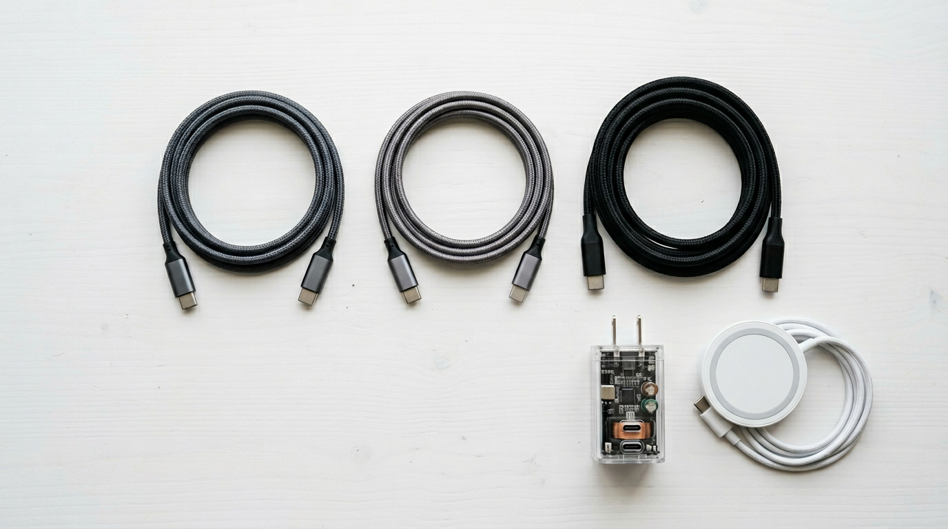 USB-C Qi2 charging accessories flat lay