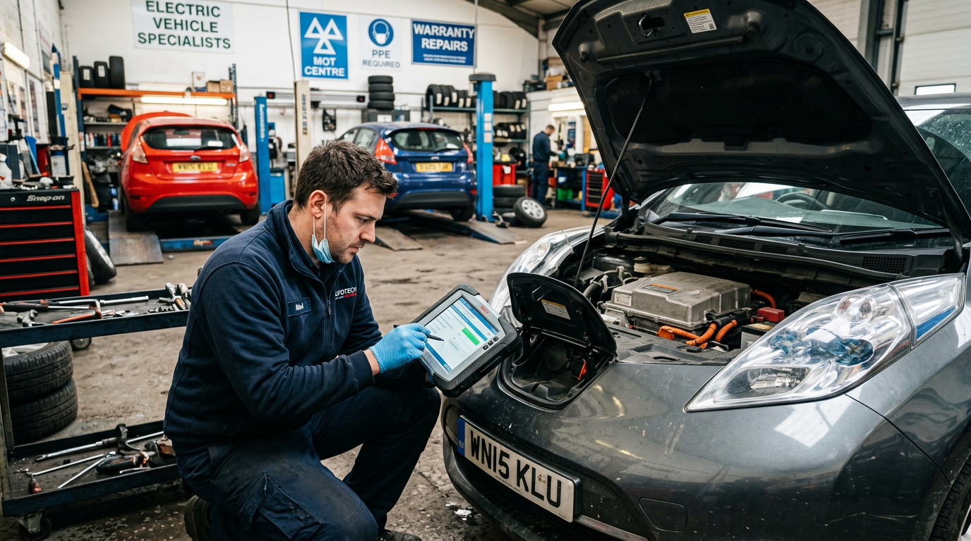 UK mechanic doing an EV battery health check on a used electric car with the bonnet open in a garage