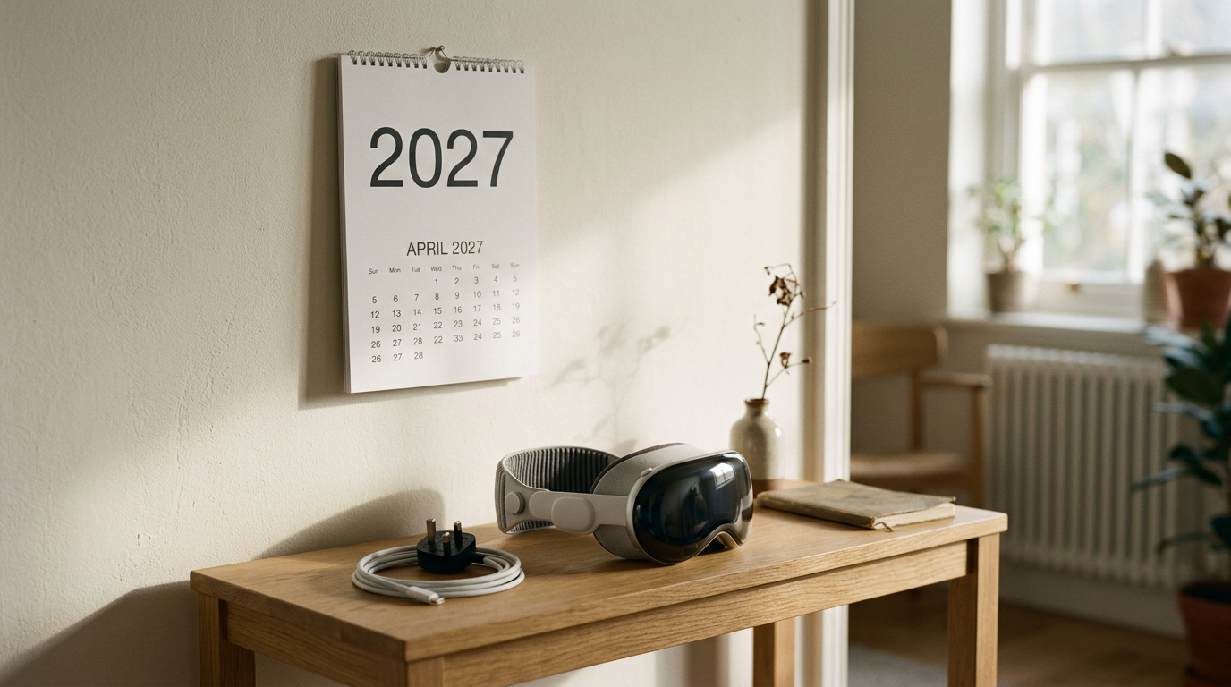 2027 wall calendar above a console table with a Vision-style headset
