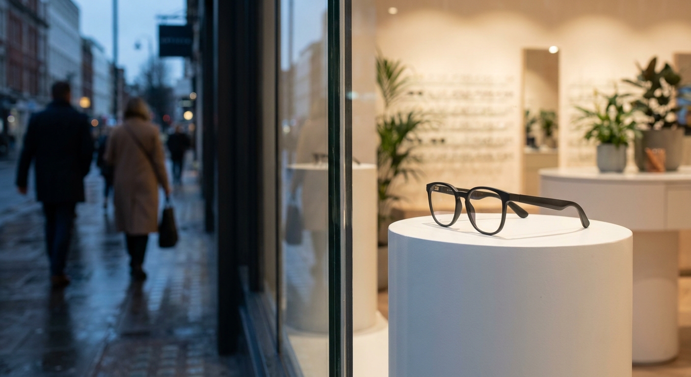 Concept minimalist smart glasses on a white pedestal in a fashionable UK optician shop window at dusk