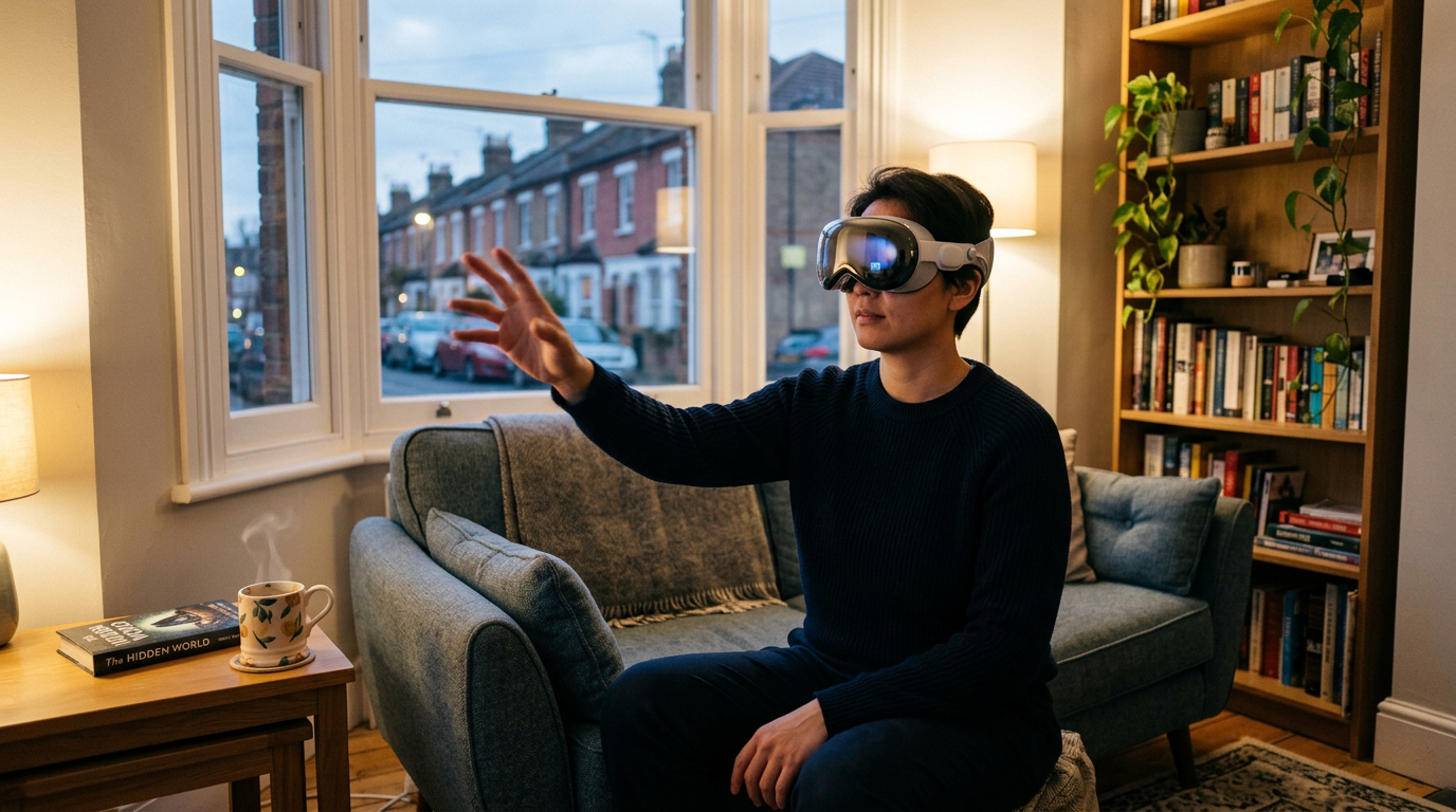 Person in a UK terraced living room wearing a mixed reality headset