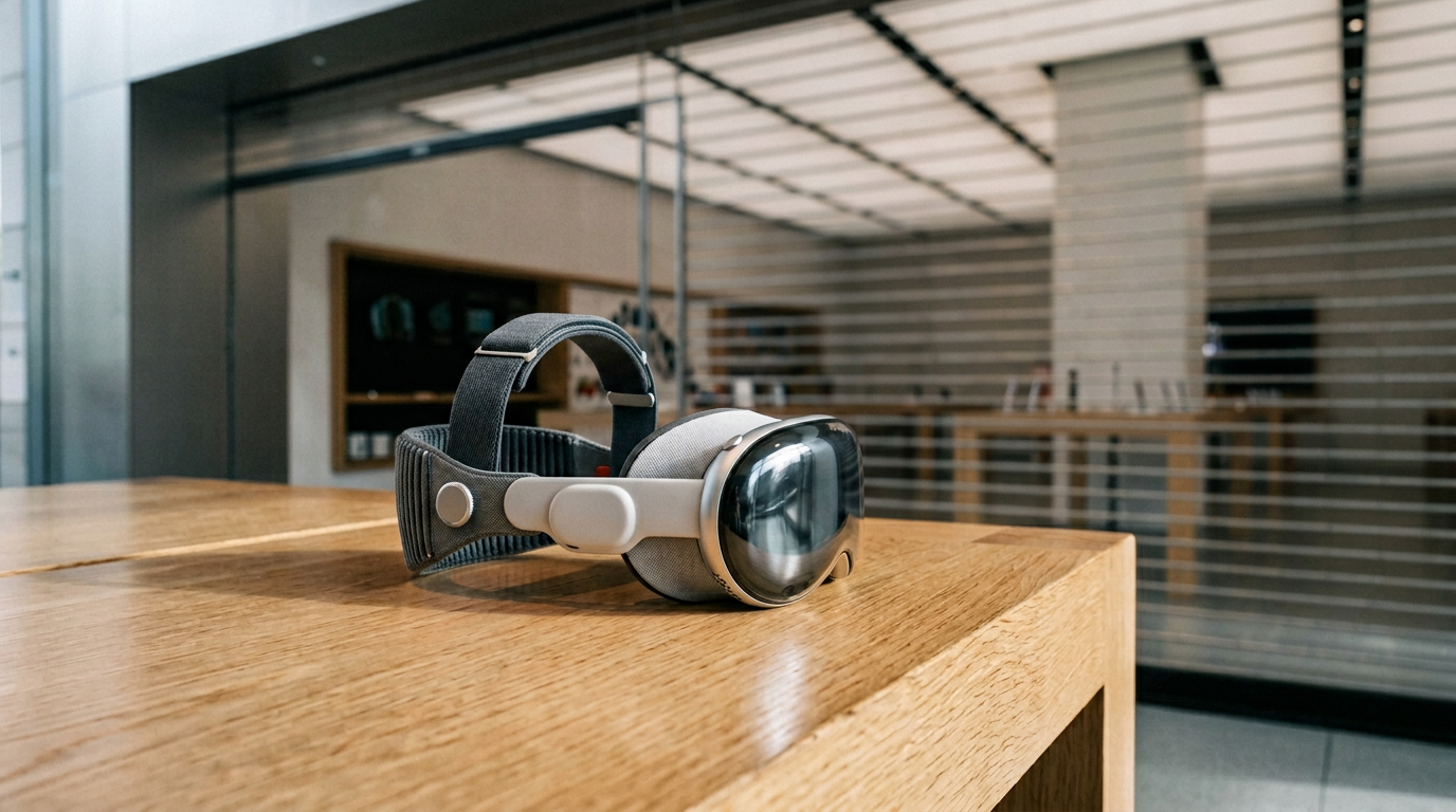 Apple Vision Pro UK headset on an Apple retail table with the demo shutter closed