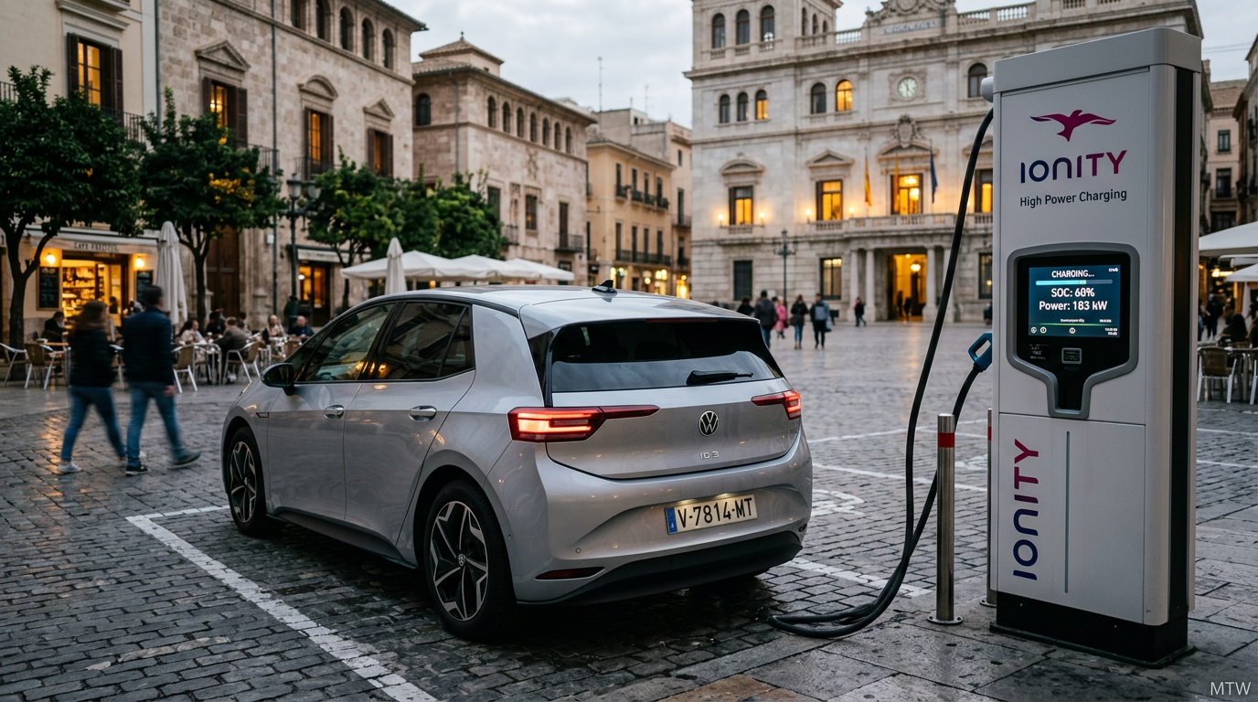 Editorial photo of an ID.3-style electric hatchback at a DC fast charger
