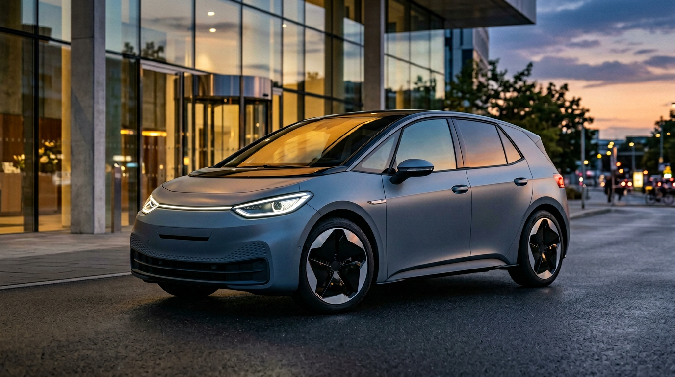 Editorial exterior render of a refreshed VW ID.3 Neo electric hatchback at dusk