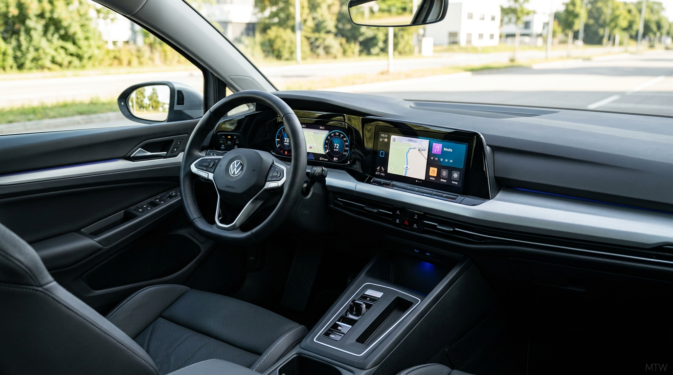 Editorial render of a minimalist VW ID.3 Neo interior with a new infotainment layout