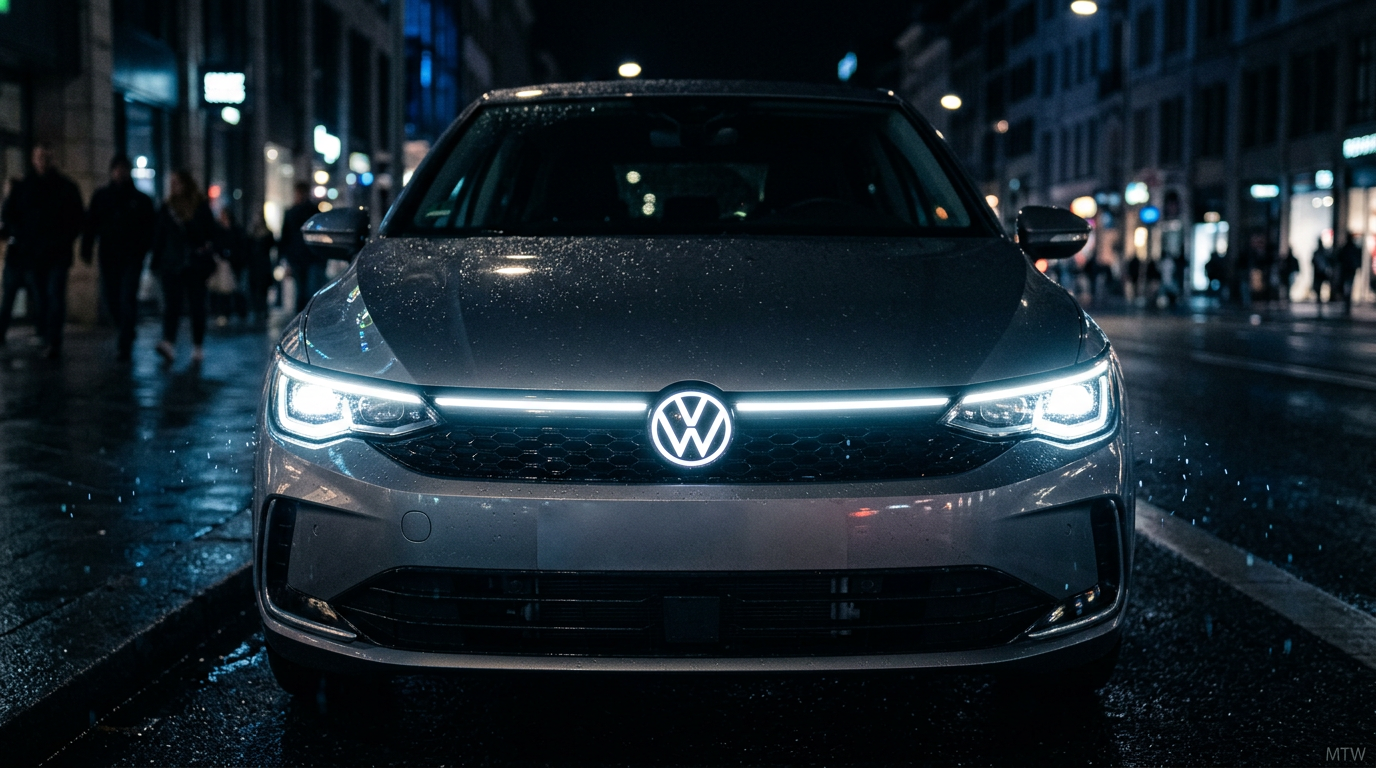Editorial image of a VW ID.3 Neo front light bar at dusk