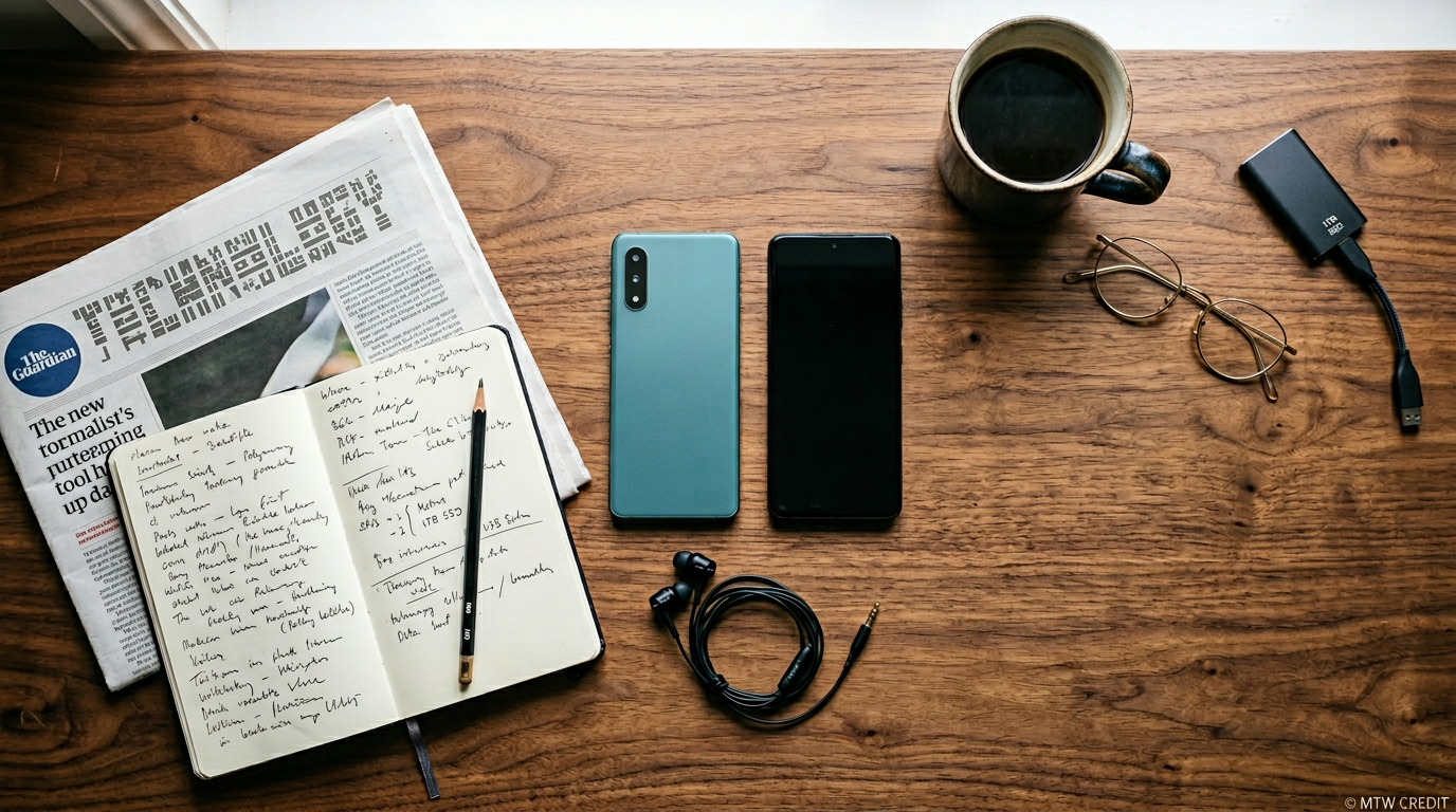 Tech journalist's working desk with phones and notes