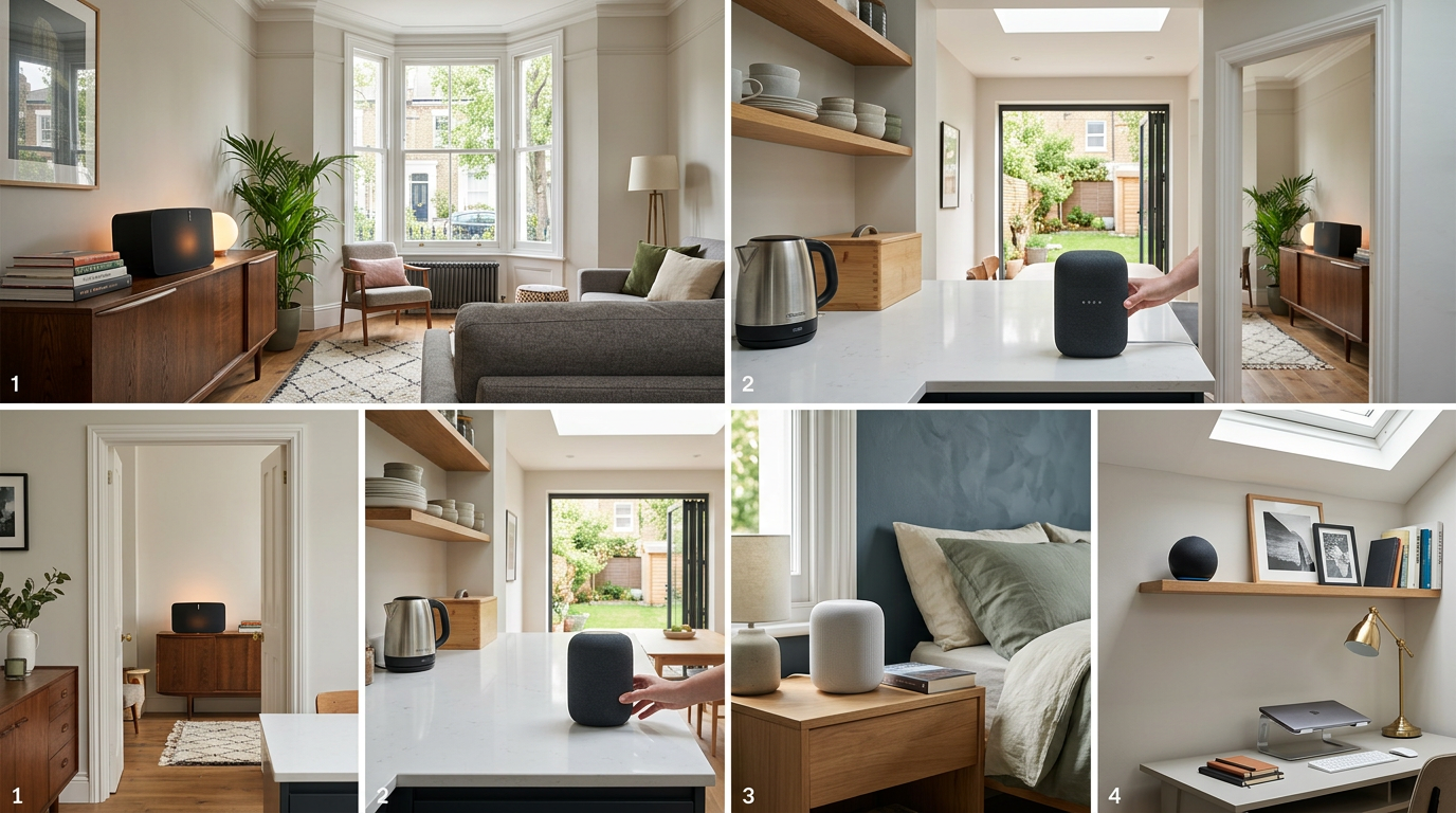 Multiple smart speakers from Sonos, HomePod, Echo and Nest placed in different rooms of a stylish UK home for multi-room music