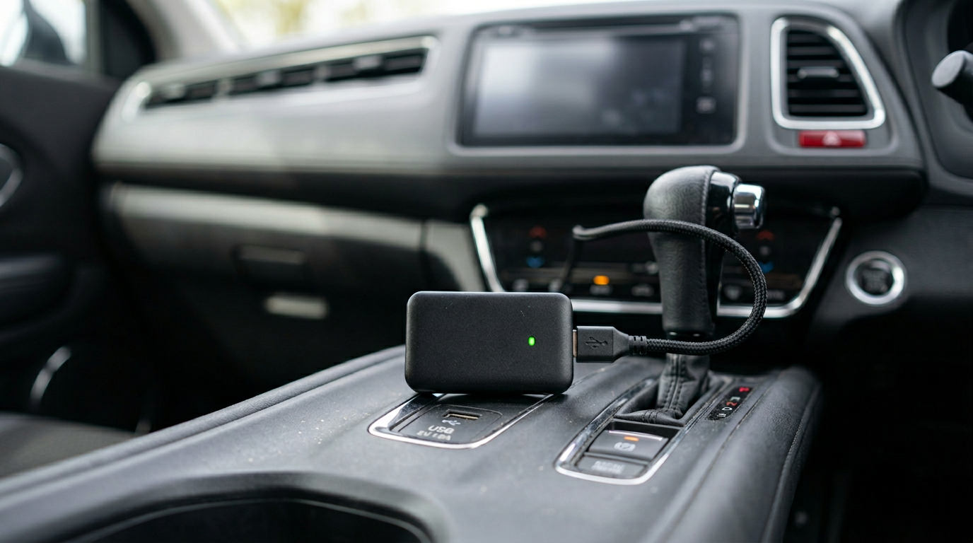 Wireless Android Auto adapter dongle plugged into a car USB port