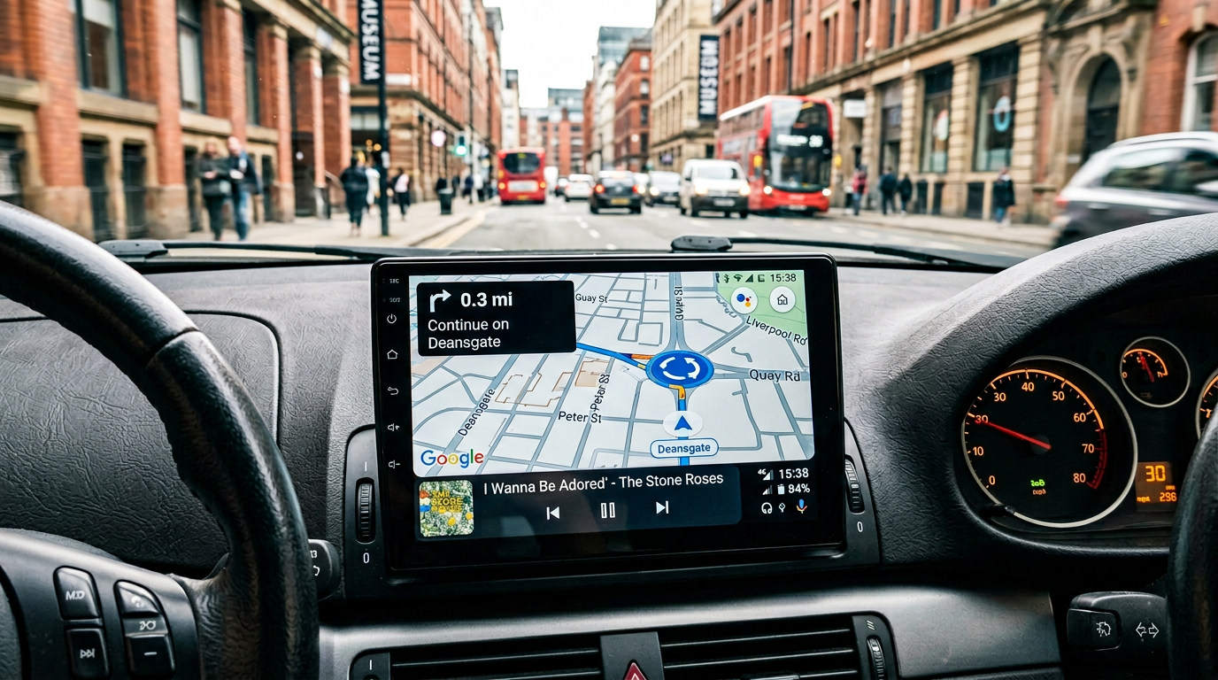 Android Auto navigation showing UK city centre map
