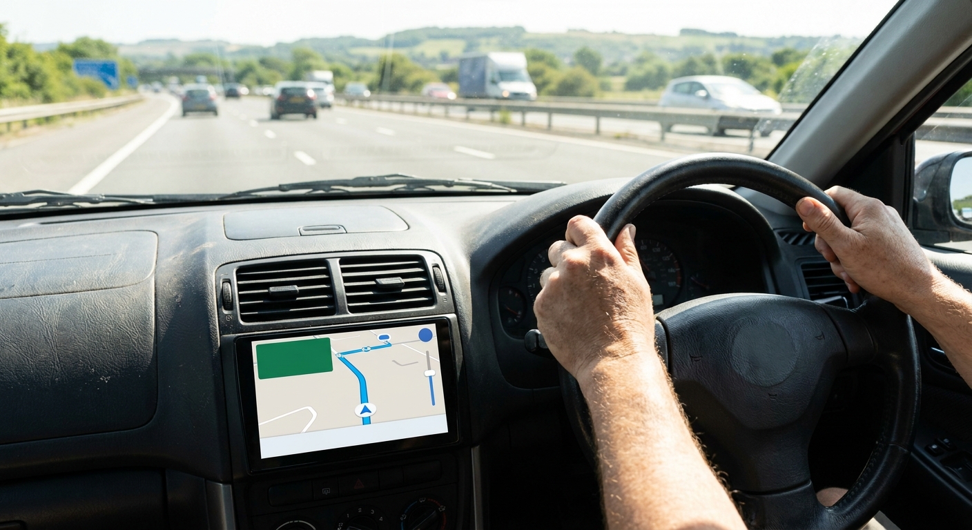 Driver's first-person view of a UK car dashboard showing wireless Android Auto navigation on a sunny motorway