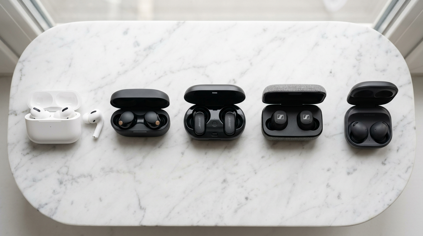 Five sets of premium wireless earbuds from Apple, Sony, Bose, Sennheiser and Samsung lined up on a marble surface