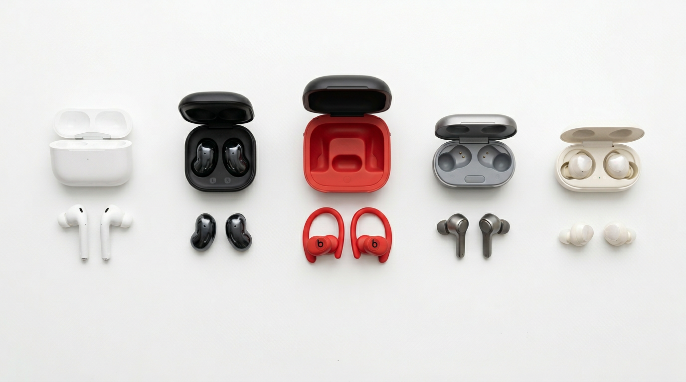 Five different pairs of premium wireless earbuds laid out side by side with their cases
