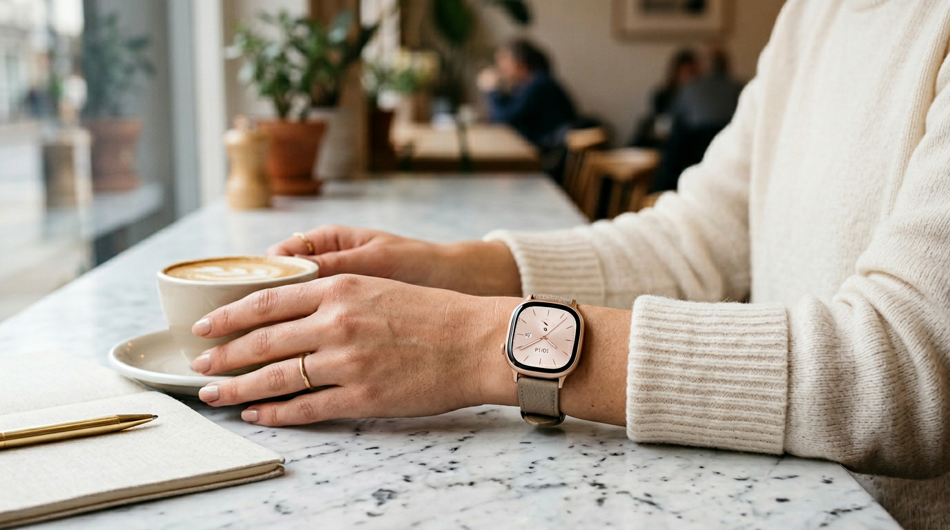 Slim modern smartwatch in rose gold with leather strap on a woman's wrist at a marble cafe table