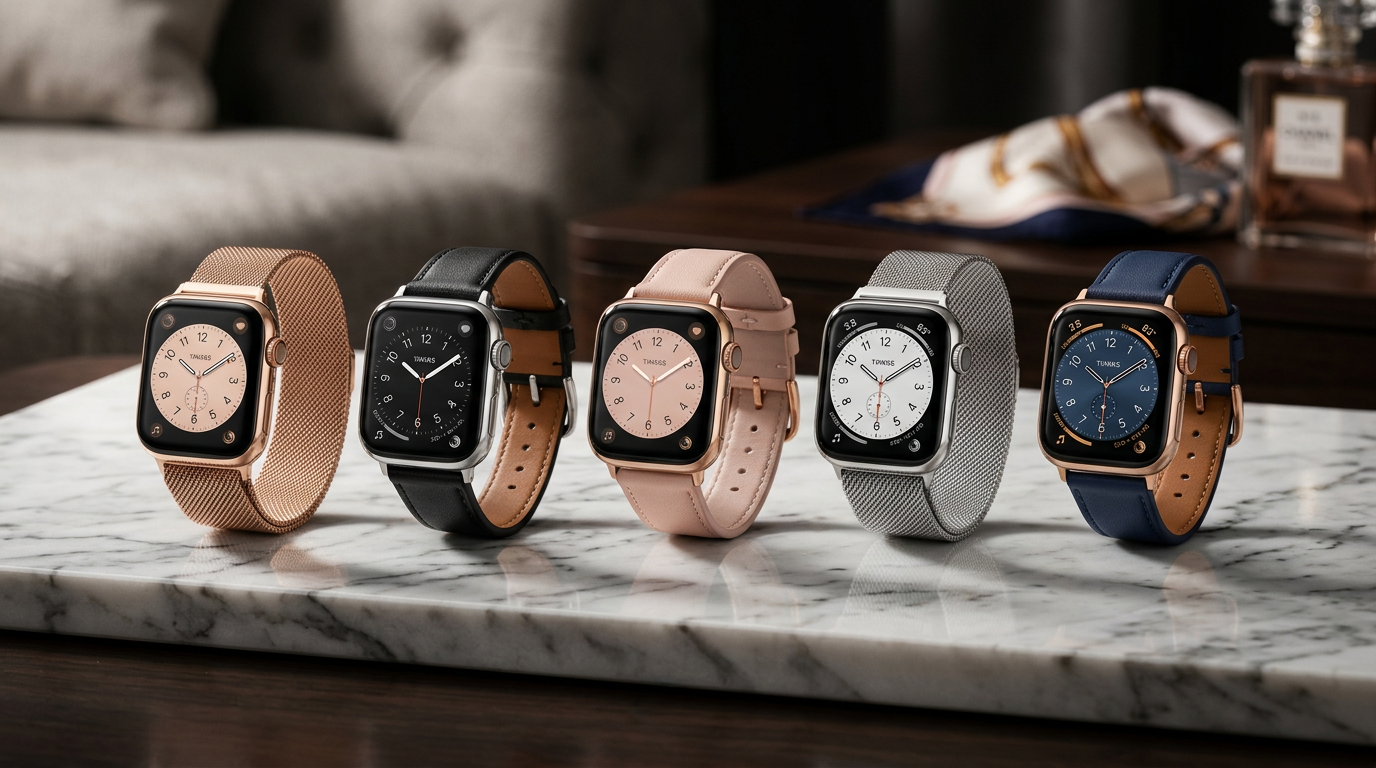 Lineup of five elegant women's smartwatches with rose gold, silver and slim leather straps on a marble surface