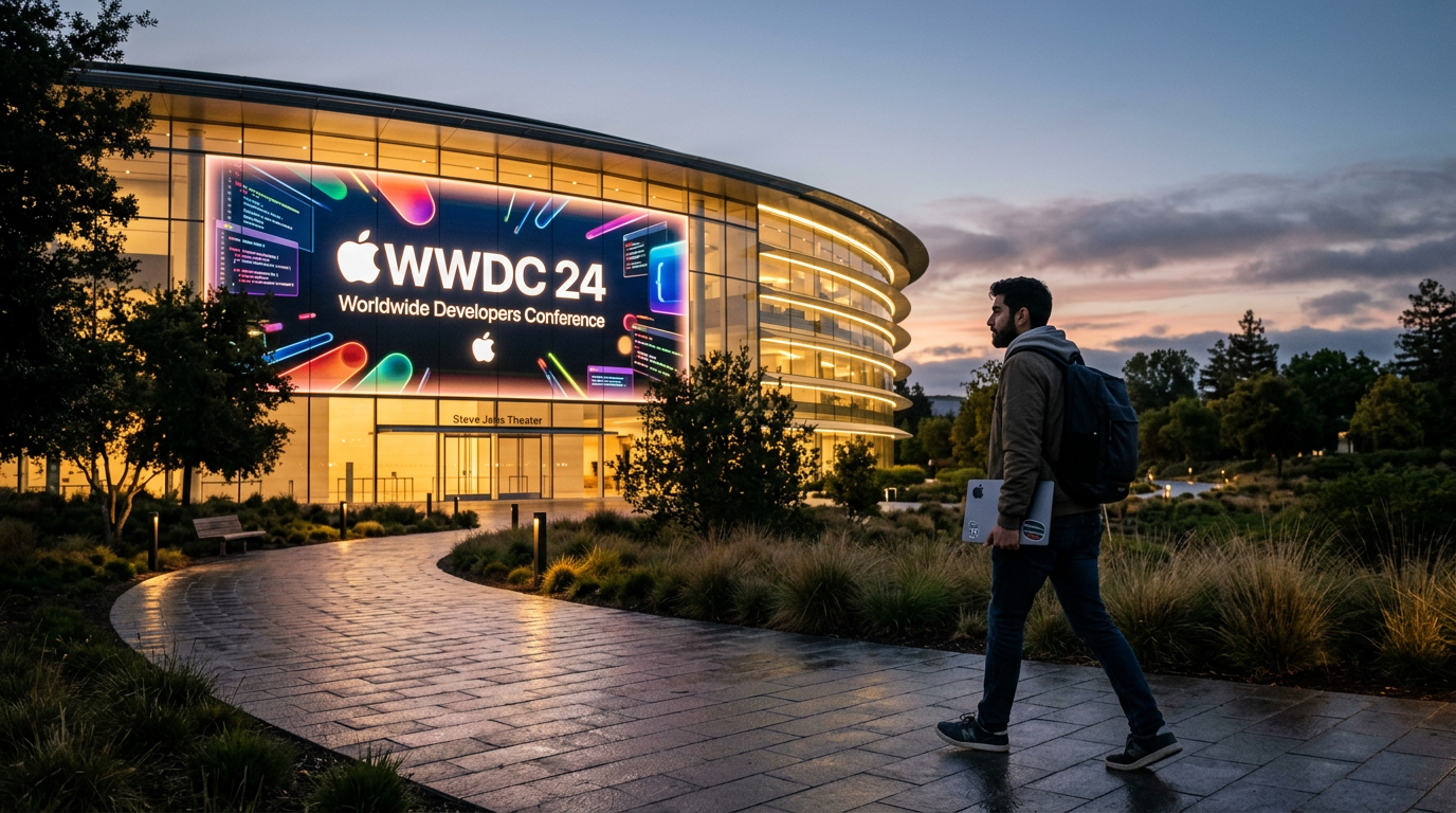 Apple Park exterior lit up at dusk with a WWDC banner glowing on the building and a developer walking towards the entrance
