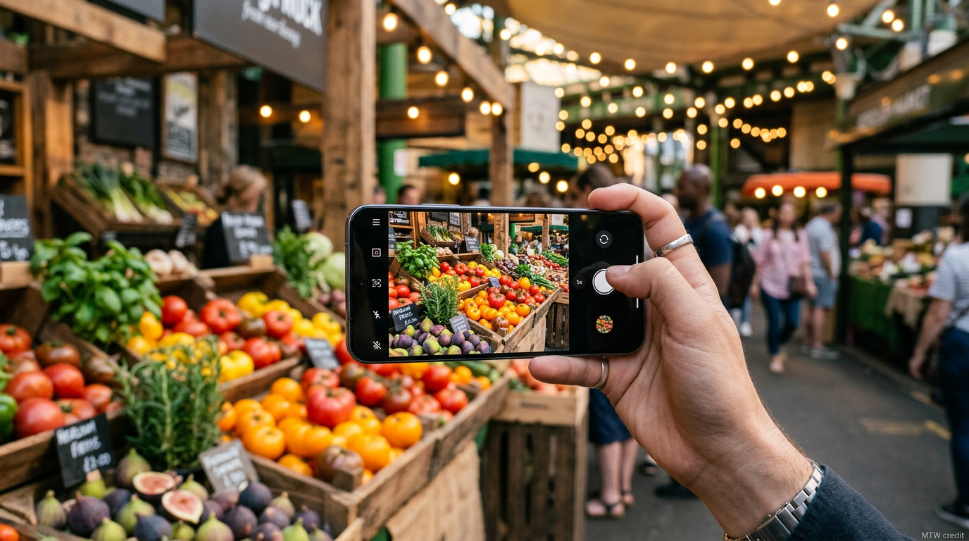 Phone capturing a photo at a UK market