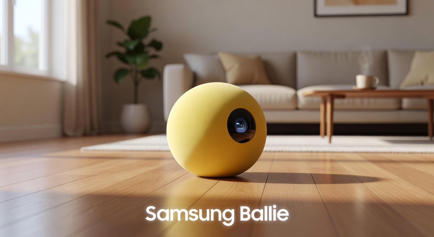 Samsung Ballie yellow spherical robot on hardwood floor. Image: MTW