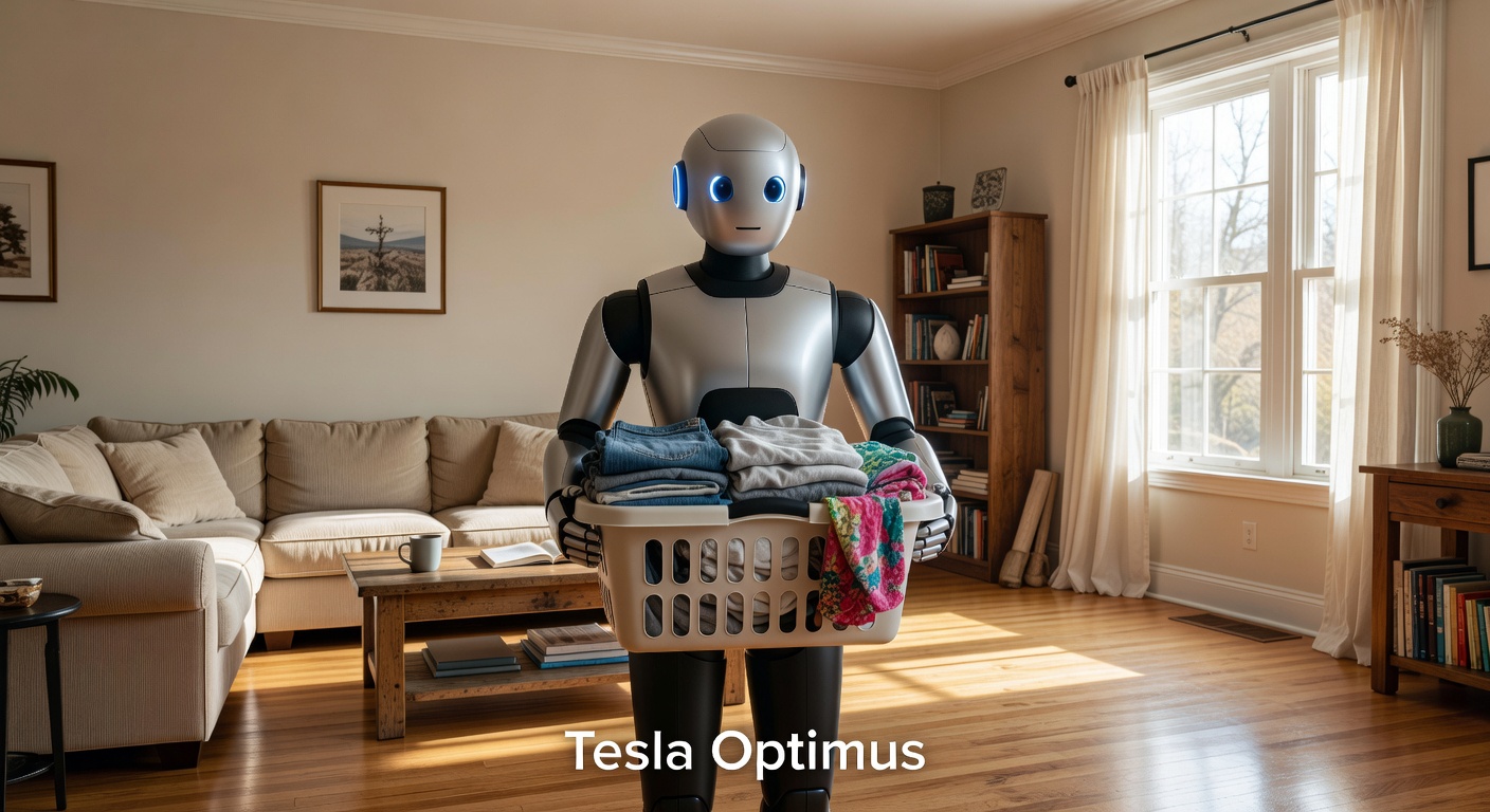 Tesla Optimus humanoid robot carrying laundry basket. Image: MTW