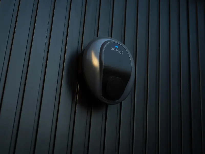Pod Point Solo 3 home EV charger with blue LED status indicator. Image: Pod Point